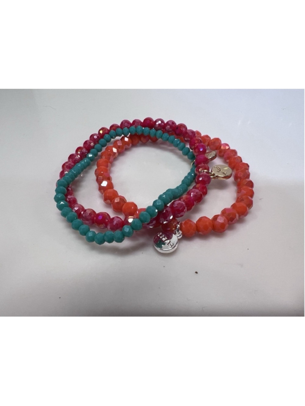 Stackable Iridescent Stretch Beaded Bracelet Sunset Colors Coral Turquoise Pink